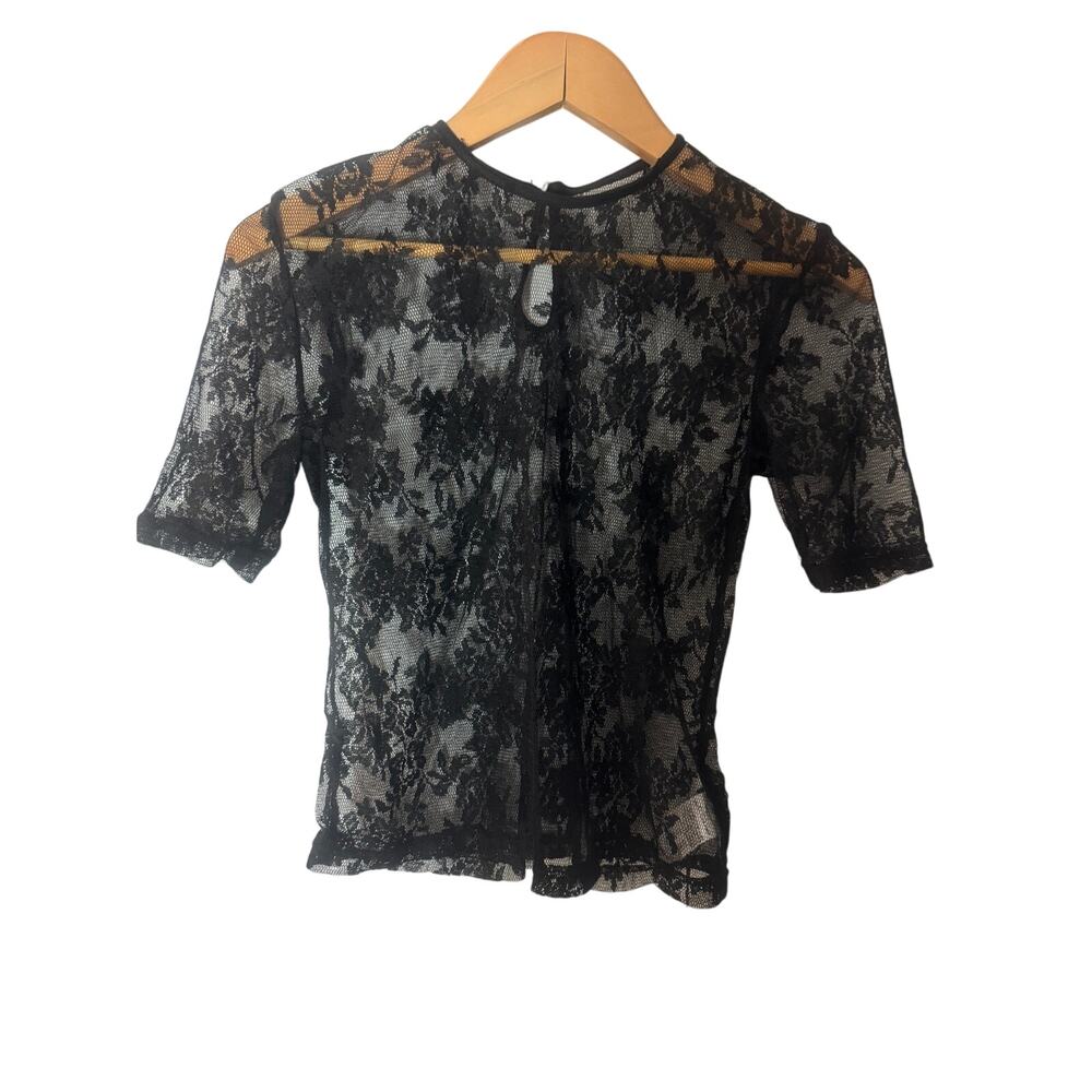 GRL Black Sheer Floral Lace Top Short Sleeve Mock Neck Keyhole NWT Size M